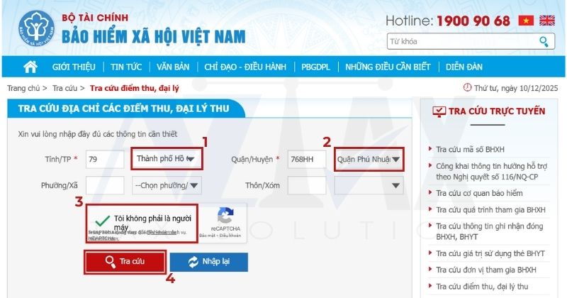Nhập đầy đủ thông tin để tra cứu điểm thu BHXH, BHYT