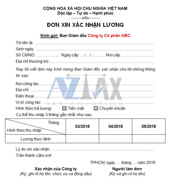 Mẫu xác nhận lương 3 tháng gần nhất 2