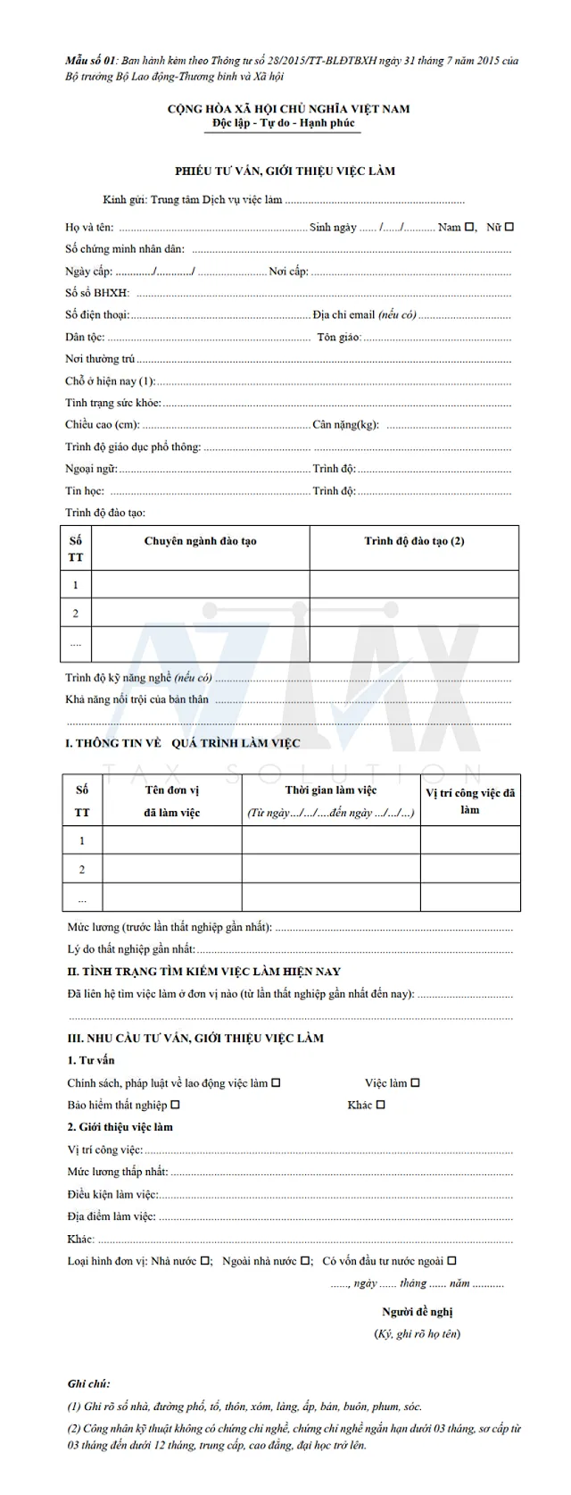 Mẫu số 01 - Phiếu tư vấn giới thiệu việc làm