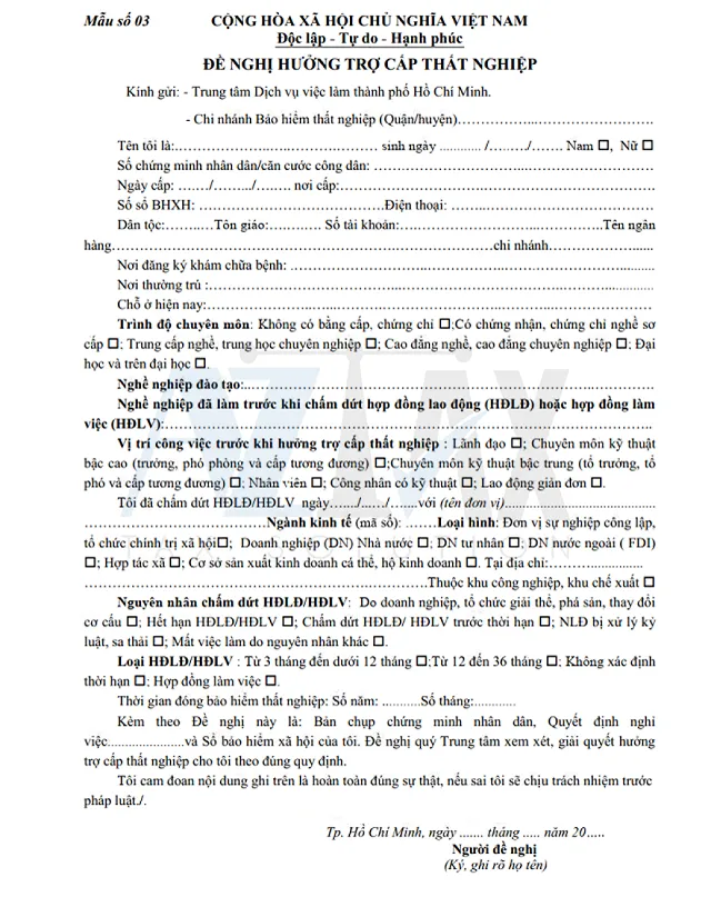 Mẫu số 03 - Đề nghị hưởng trợ cấp thất nghiệp