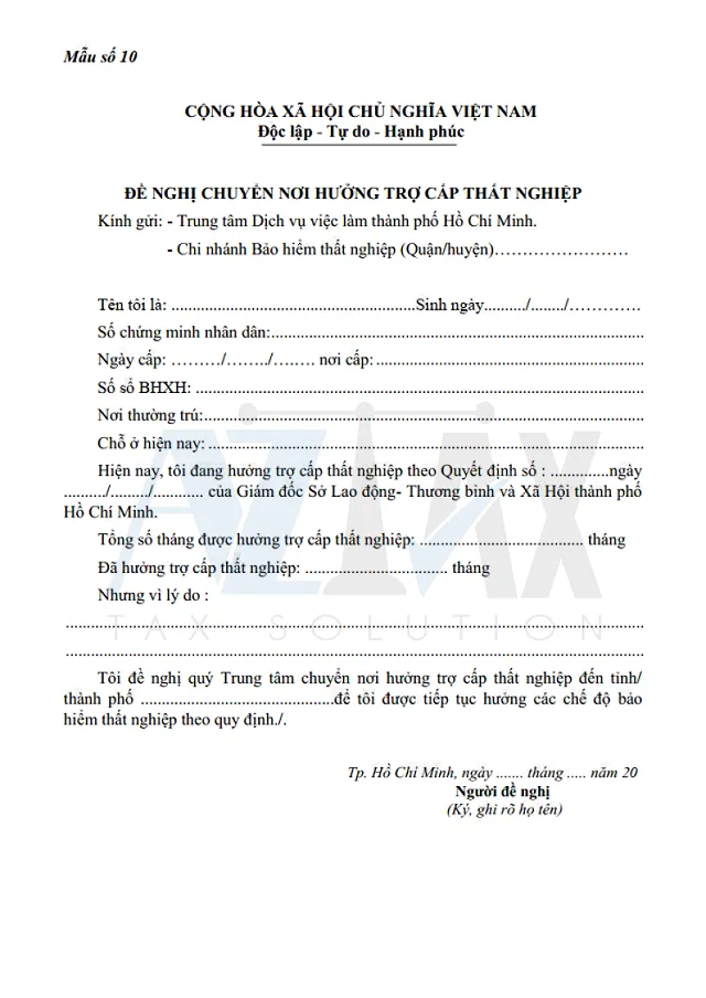 Mẫu số 10 - Đề nghị chuyển nơi hưởng trợ cấp thất nghiệp
