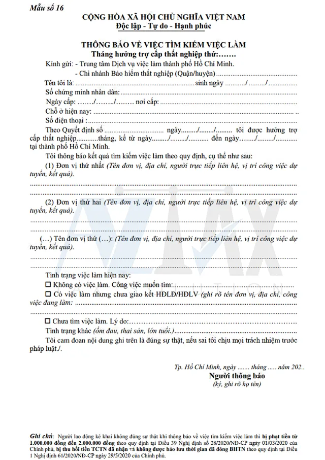 Mẫu số 16 - Thông báo về việc tìm kiếm việc làm