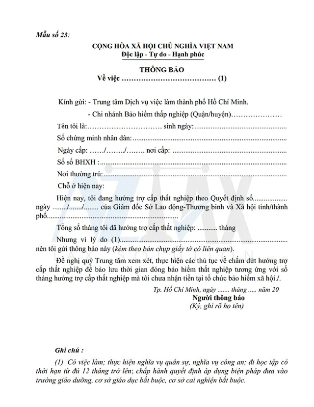 Mẫu số 23 - Thông báo có việc làm