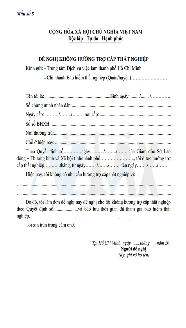 Mẫu số 8 - Đề nghị không hưởng trợ cấp thất nghiệp