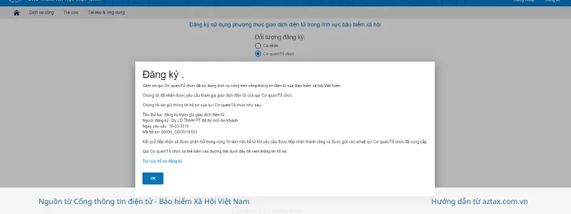 Màn hình thông báo đăng ký thành công