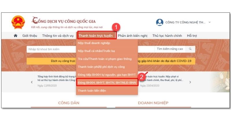 Bước 1: Chọn Thanh toán trực tuyến Chọn Đóng BHXH, BHYT, BHTN, BHTNLĐ-BNN