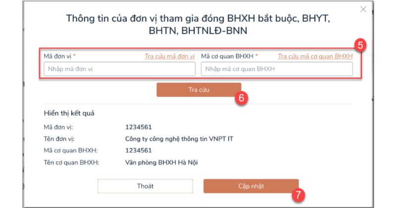 Bước 3: Điền Mã đơn vị, Mã cơ quan BHXH , chọn “Tra cứu”