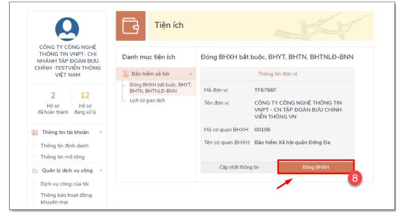 Bước 4: Thông tin đơn vị đã được cập nhật, bấm chọn “Đóng BHXH”
