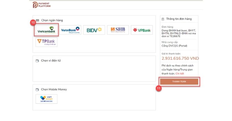 Bước 6: Chọn ngân hàng trung gian thanh toán để thực hiện. Ví dụ chọn “Vietcombank”
