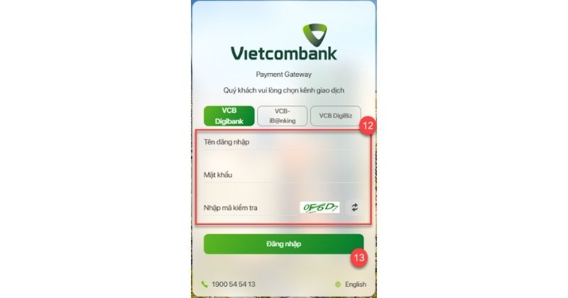 Đăng nhập ngân hàng để tiến hành thanh toán