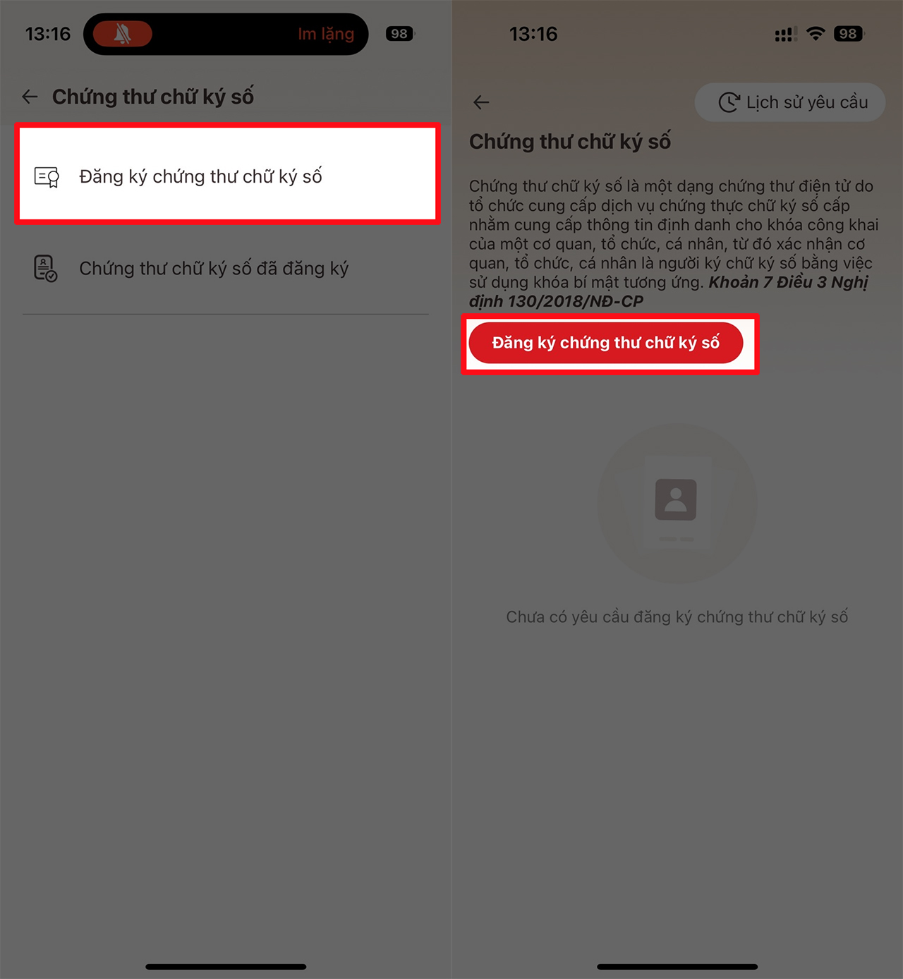 Chọn mục Đăng ký chứng thư chữ ký số