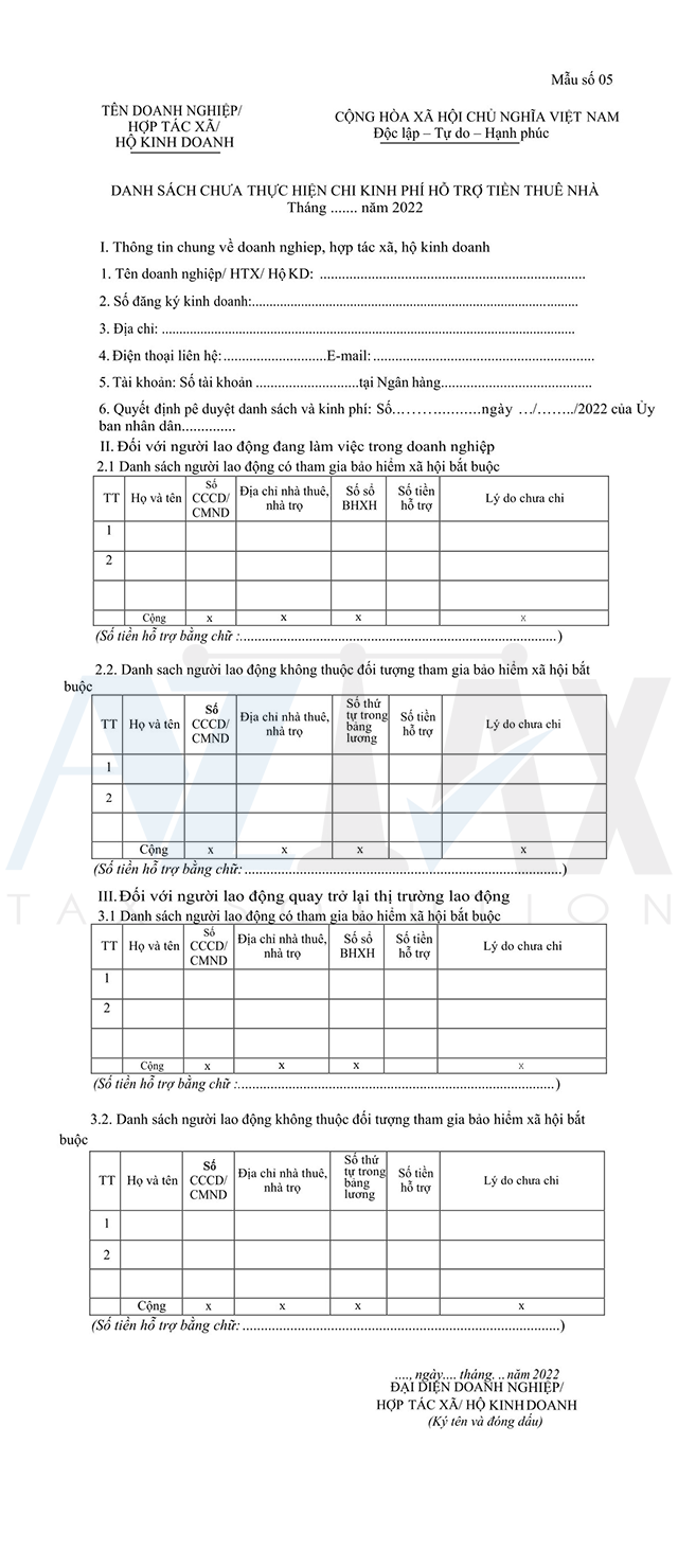 Mẫu số 05: Danh sách chưa thực hiện kinh phí hỗ trợ tiền thuê nhà