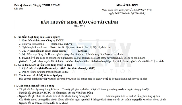 Mẫu bản thuyết minh báo cáo tài chính