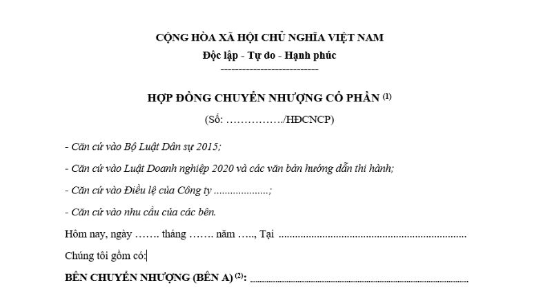 Mẫu hợp đồng chuyển nhượng cổ phần