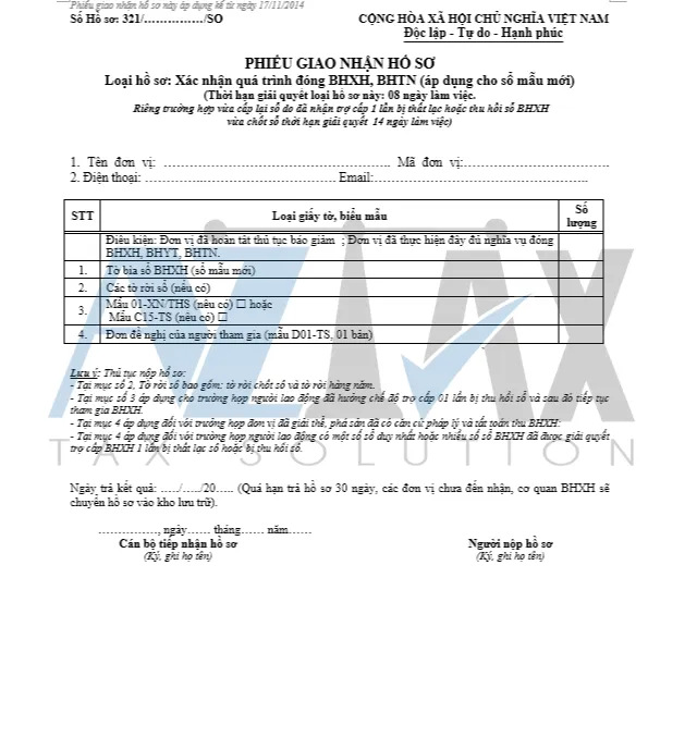 Mẫu 321 phiếu giao nhận hồ sơ xác nhận quá trình đóng BHXH, BHTN