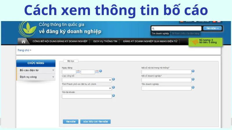 Cách xem thông tin bố cáo điện tử trên congthongtindoanh nghiep