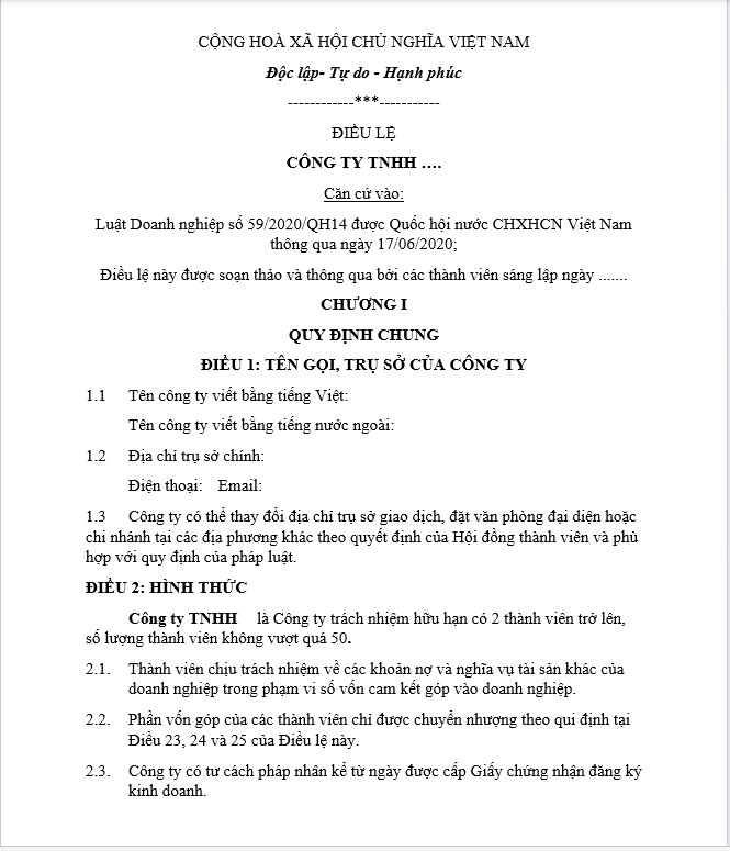 Mẫu điều lệ công ty TNHH 2 thành viên trở lên mới nhất năm 2024
