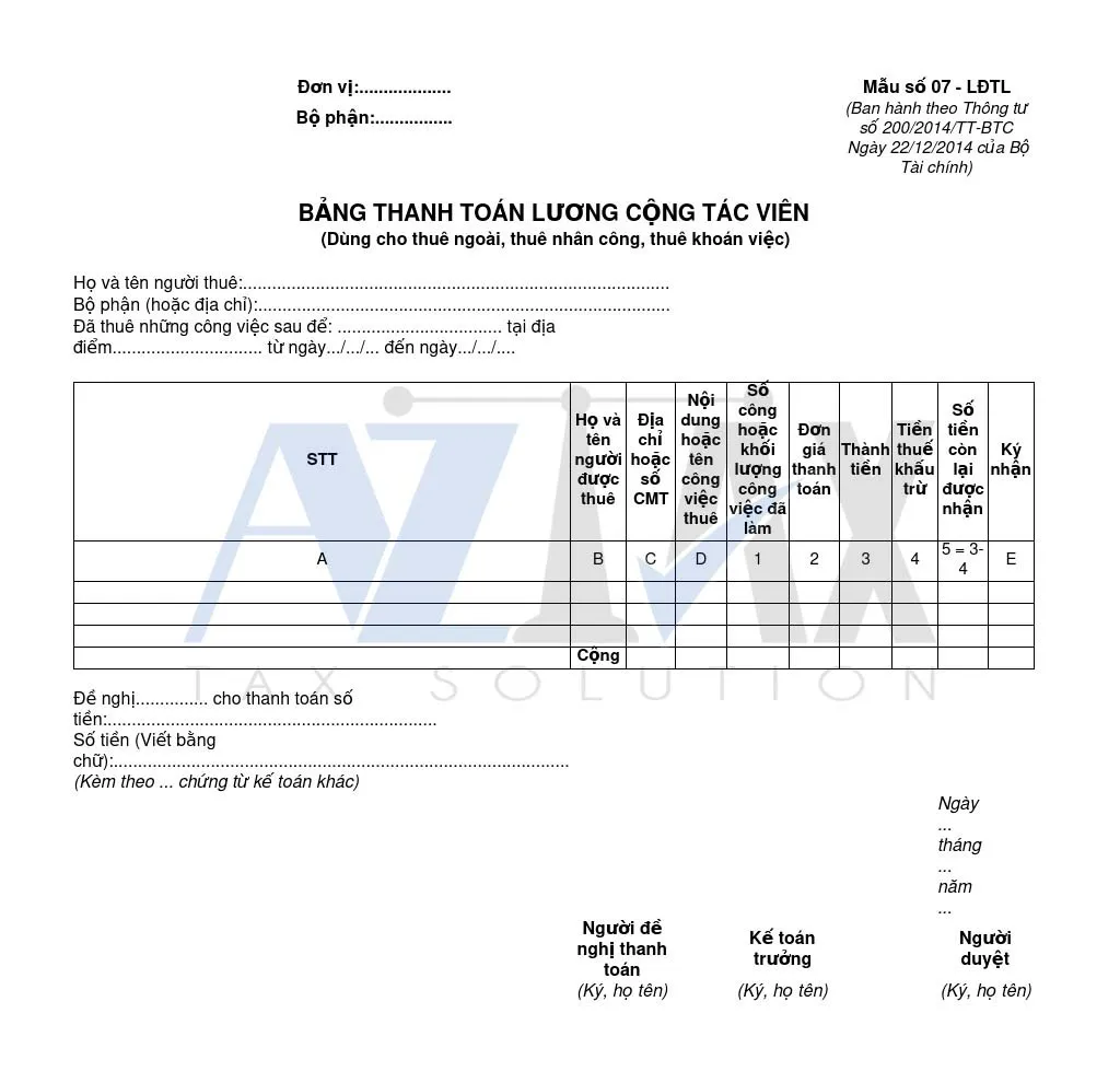 Mẫu bảng lương cộng tác viên trên Excel 