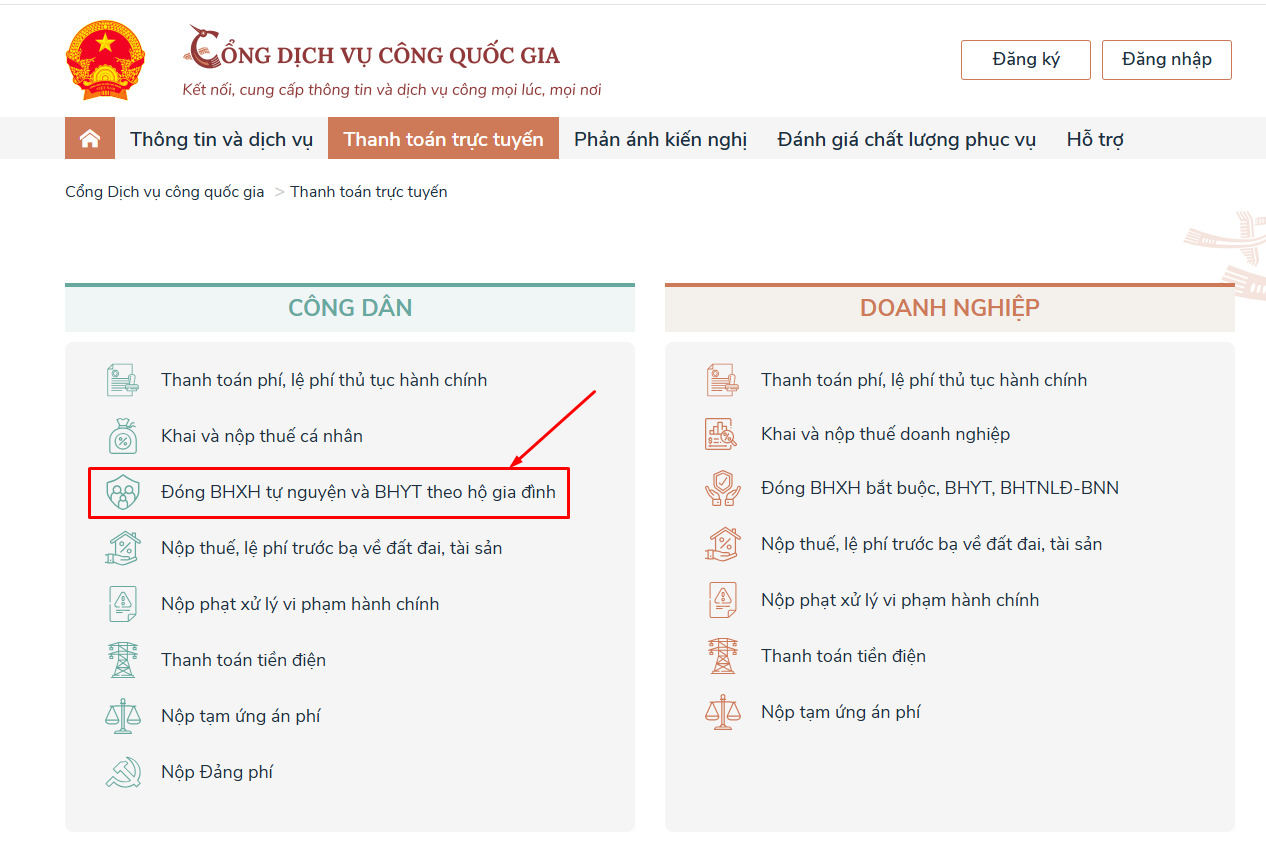 Chọn “Đóng tiếp BHXH tự nguyện và BHYT theo hộ gia đình”