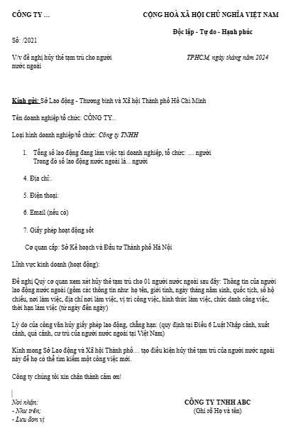 Mẫu công văn thu hồi thẻ tạm trú