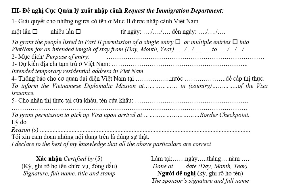 Phần 3 - Điền thông tin đề nghị Cục quản lý xuất nhập cảnh