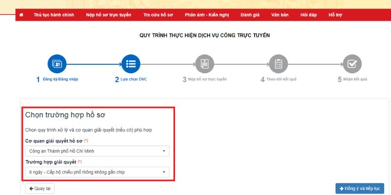 Chọn “Cơ quan giải quyết hồ sơ” phù hợp, sau đó chọn “Đồng ý và tiếp tục”.