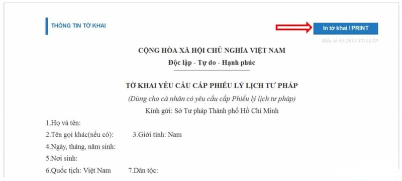 In tờ khai yêu cầu cấp lý lịch tư pháp