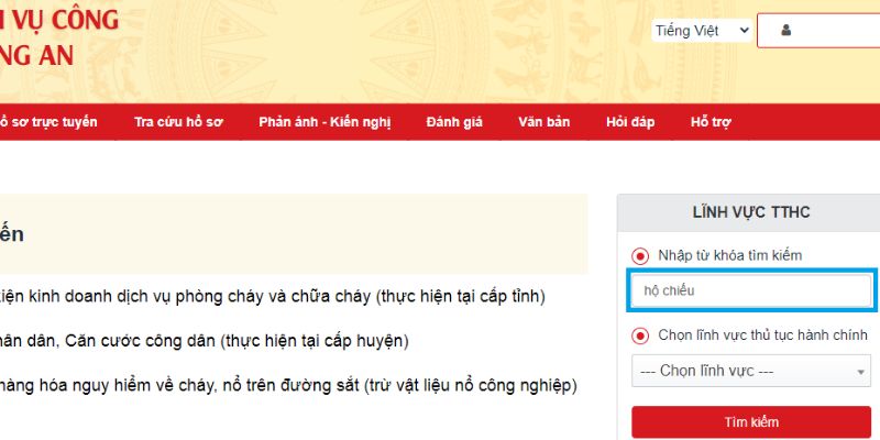 Nhập “Hộ chiếu” vào ô tìm kiếm và chọn “Tìm kiếm”.