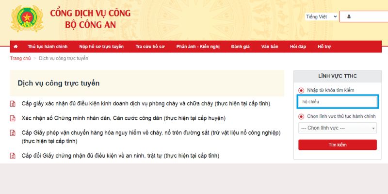 Nhập từ khóa "Hộ chiếu" vào ô tìm kiếm và nhấn “Tìm kiếm”.