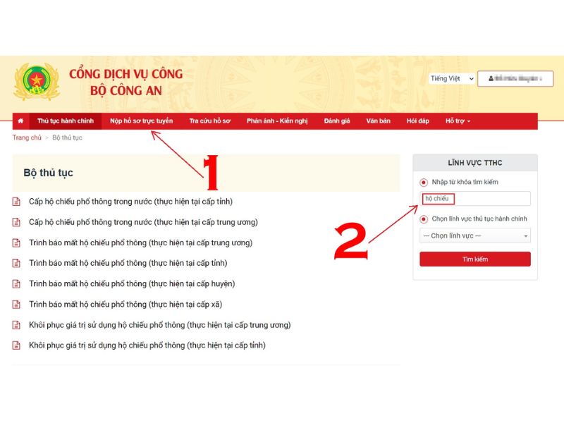 nhấp vào mục "Nộp hồ sơ trực tuyến" và nhập từ khóa "Hộ chiếu"