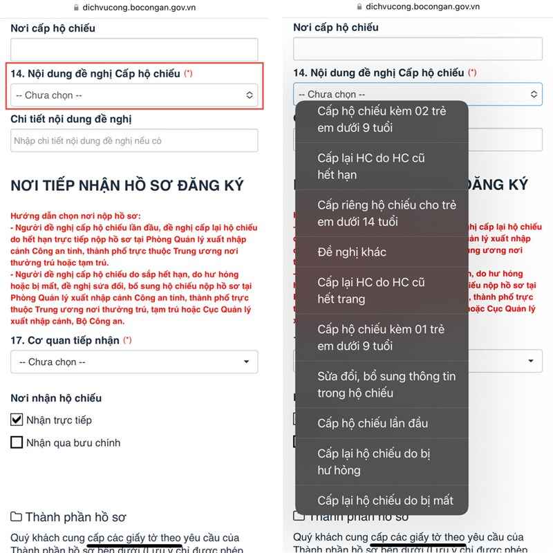 Chọn "Nơi cấp hộ chiếu" và "Nội dung đề nghị cấp hộ chiếu"