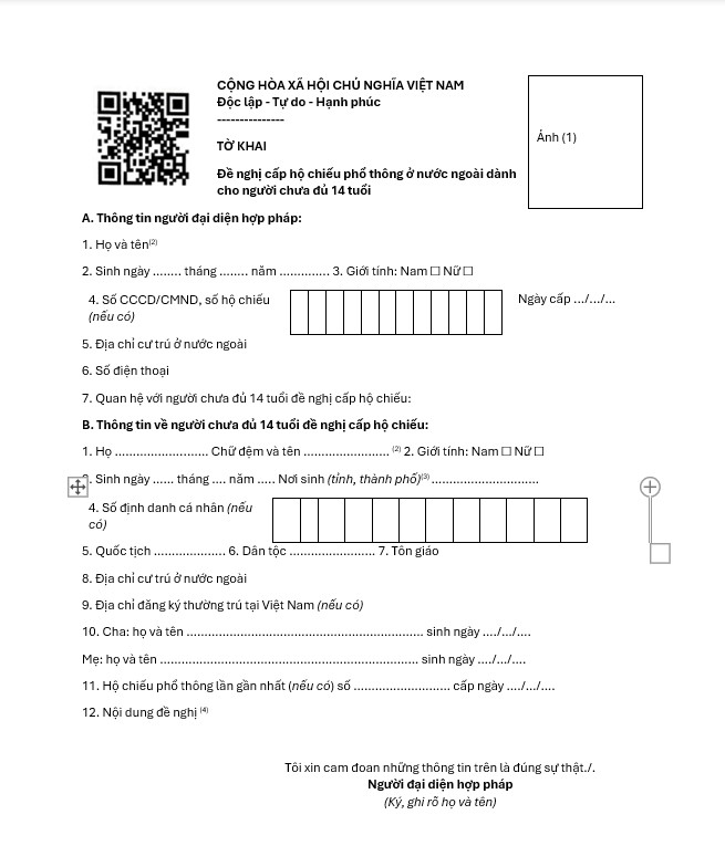 Mẫu tờ khai đề nghị cấp hộ chiếu phổ thông ở nước ngoài dành cho người chưa đủ 14 tuổi