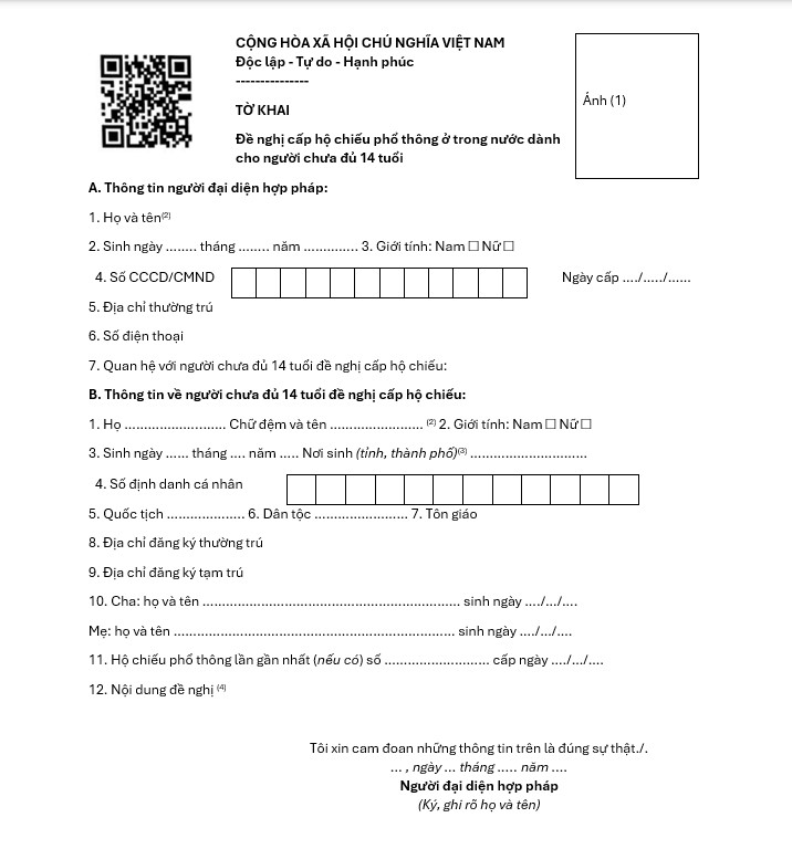 Mẫu tờ khai đề nghị cấp hộ chiếu phổ thông trong nước dành cho người chưa đủ 14 tuổi