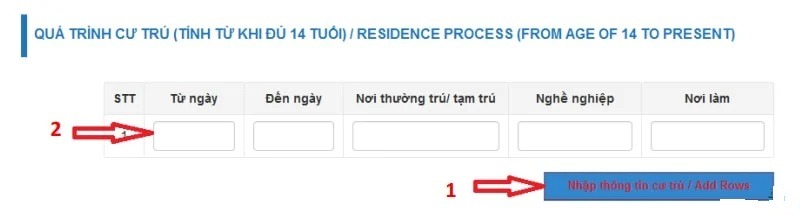 Nhập thông tin cư trú từ 14 tuổi trở lên