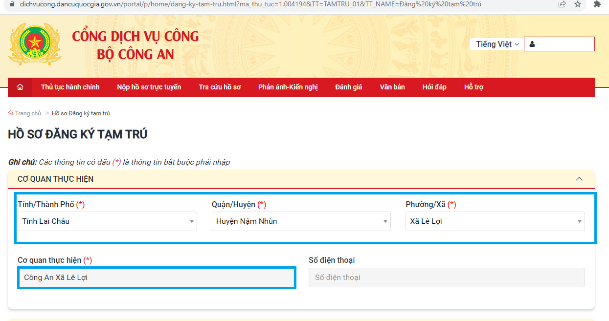 Chọn cơ quan để thực hiện đăng ký tạm trú
