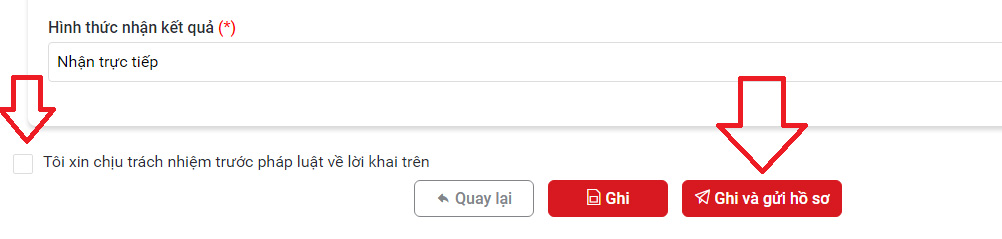 Chọn mục "Tôi xin chịu trách nhiệm trước pháp luật về lời khai trên" và gửi hồ sơ