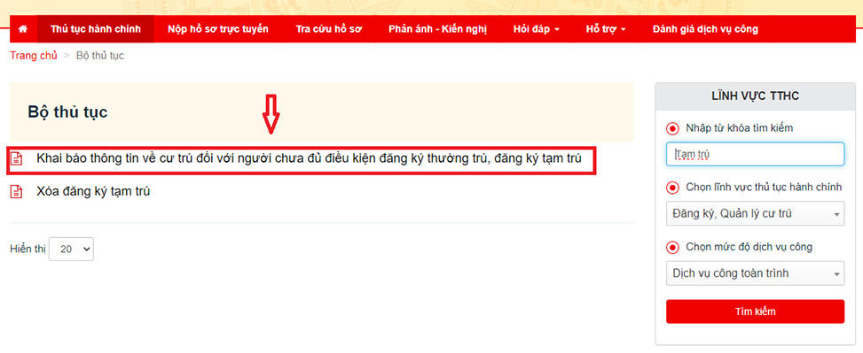 Chọn "Khai báo thông tin về nơi cư trú đối với những người đủ điều kiện đăng ký"