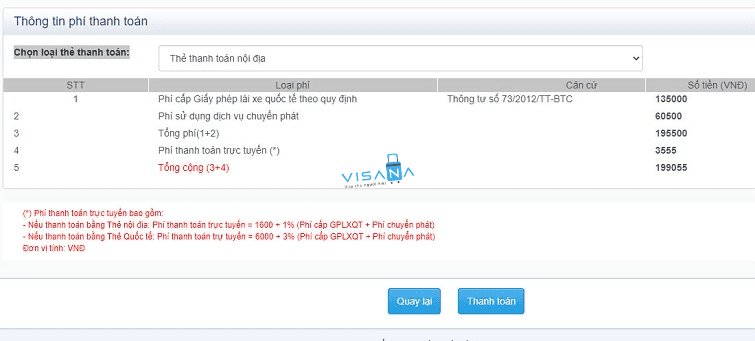 thông tin phí thanh toán