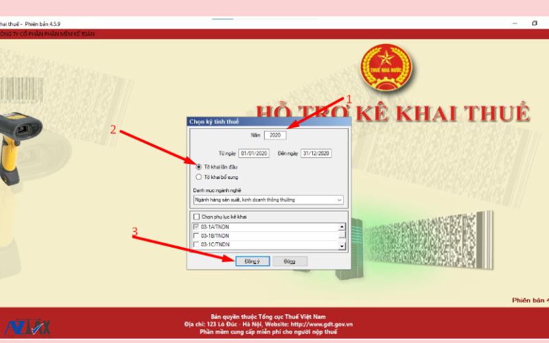 Chọn năm kê khai và tích chọn phụ lục kê khai "03-2A/TNDN".