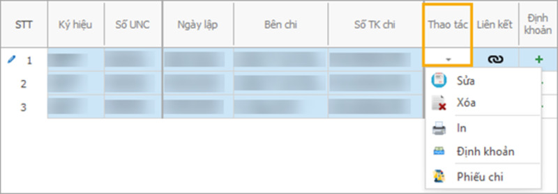 Tùy chọn các thao tác như Sửa, Xóa, In, Định khoản