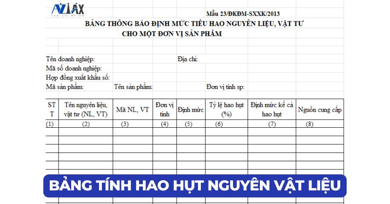 Bảng tính hao hụt nguyên vật liệu