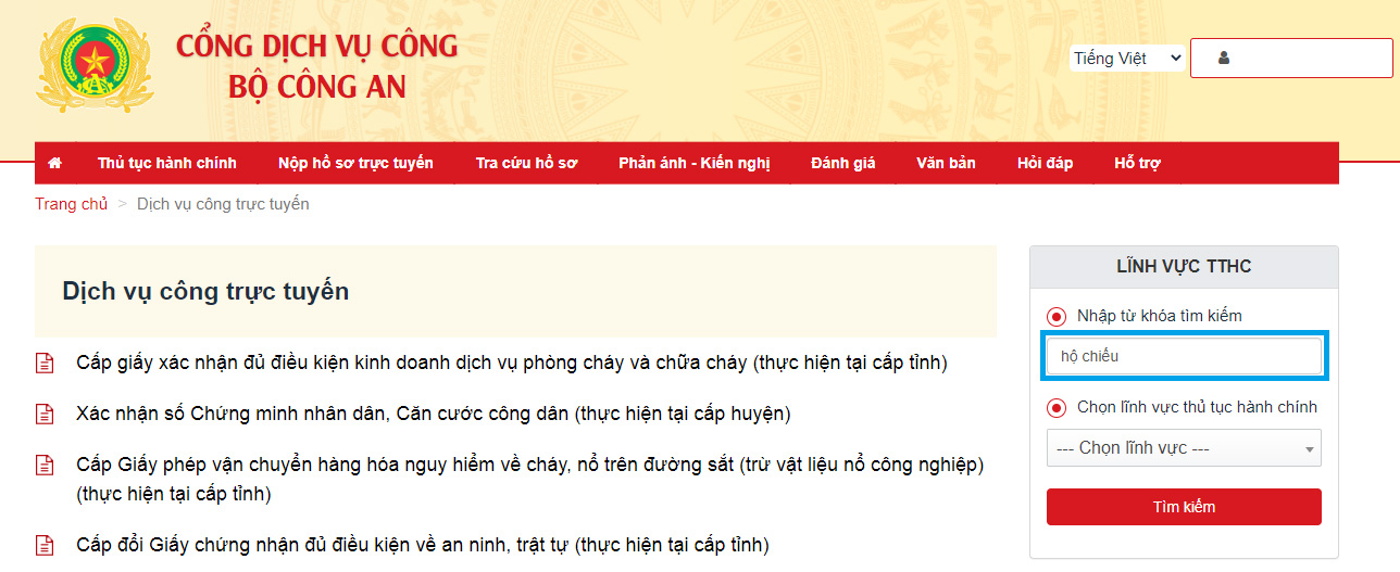 chọn dịch vụ “Cấp hộ chiếu phổ thông ở trong nước (thực hiện tại cấp tỉnh)”