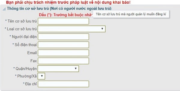 Điền các thông tin về cơ sở lưu trú