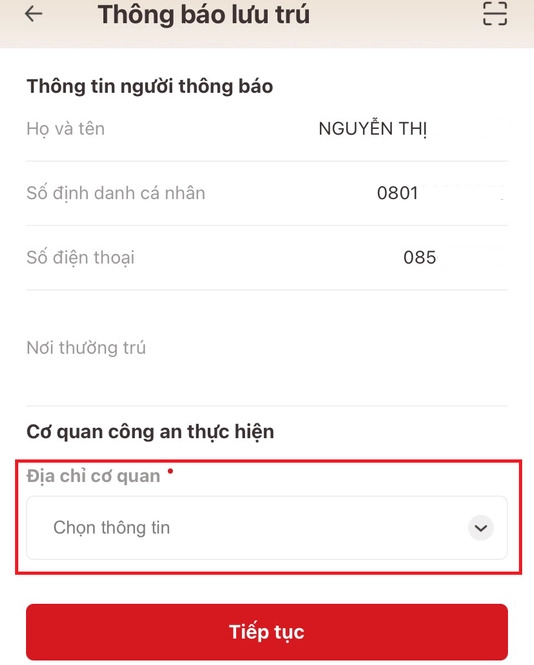 Điền thông tin người lưu trú