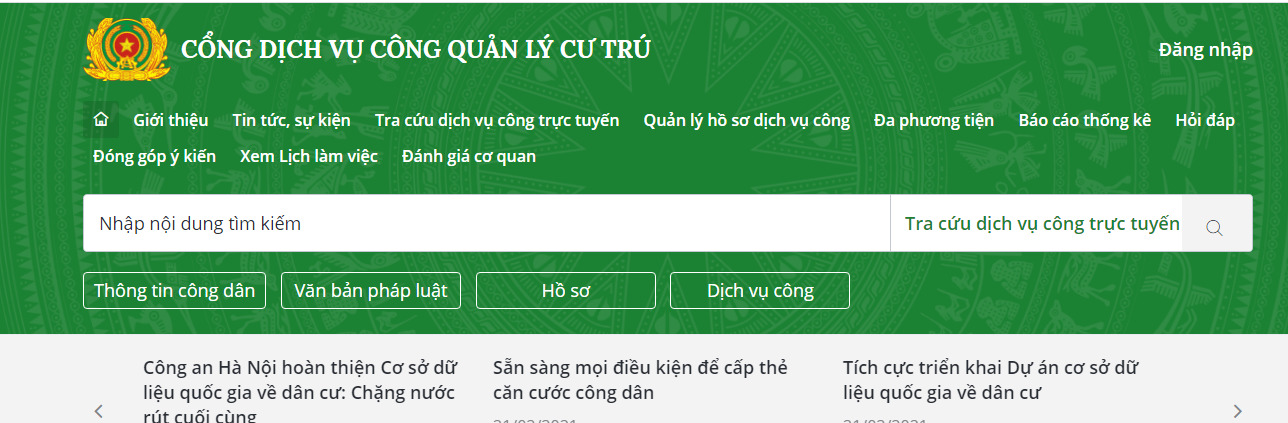 Giao diện Cổng dịch vụ công Quản lý cư trú