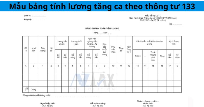 Mẫu bảng tính lương tăng ca, làm thêm giờ theo thông tư 133