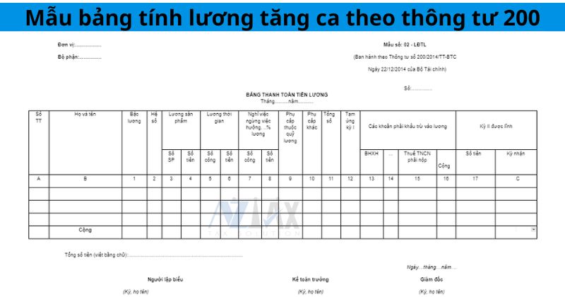 Mẫu bảng tính lương tăng ca, làm thêm giờ theo thông tư 200