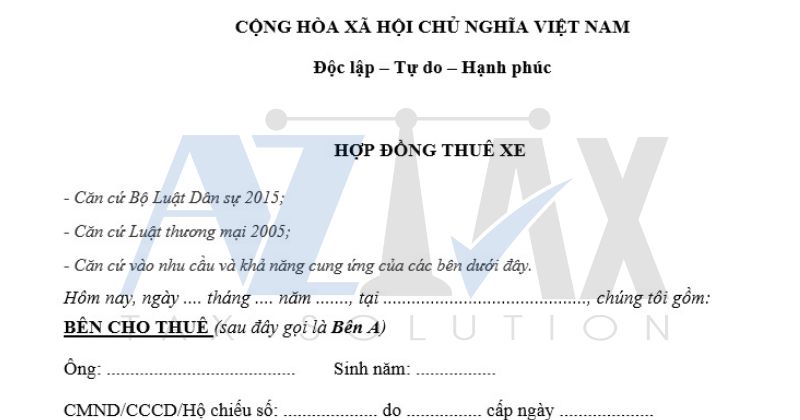 Mẫu hợp đồng thuê xe ô to của cá nhân