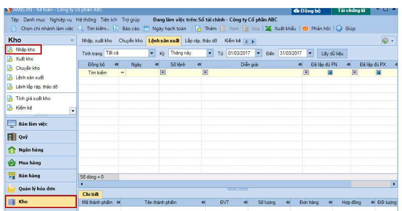 Vào phân hệ Kho, chọn Nhập kho