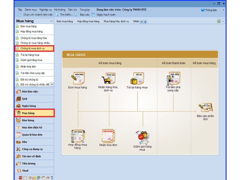 Vào phân hệ "Mua hàng" => chọn "Chứng từ mua dịch vụ"